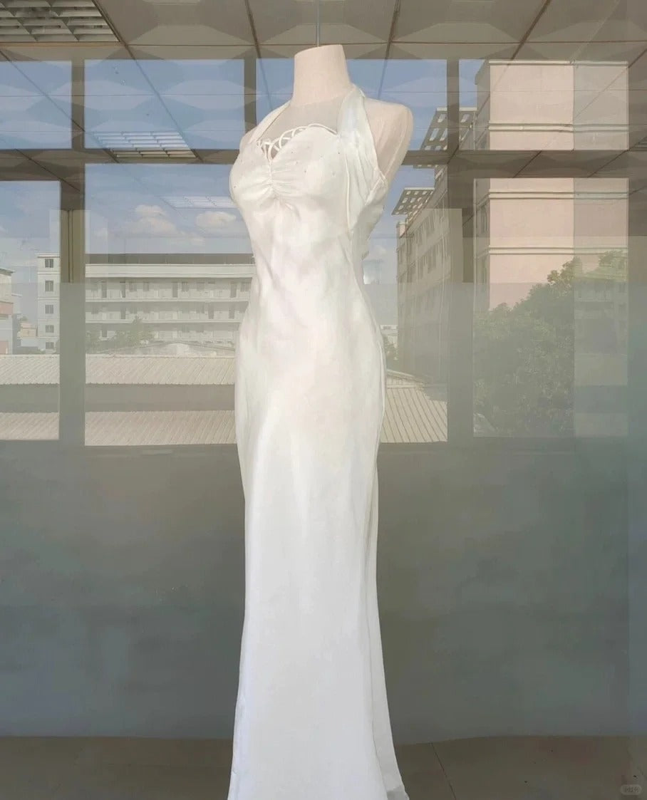 Vintage Prom Dresses 70s Mermaid Halter White With Ruffled Sleeveless Evening Formal Outfits RB4310