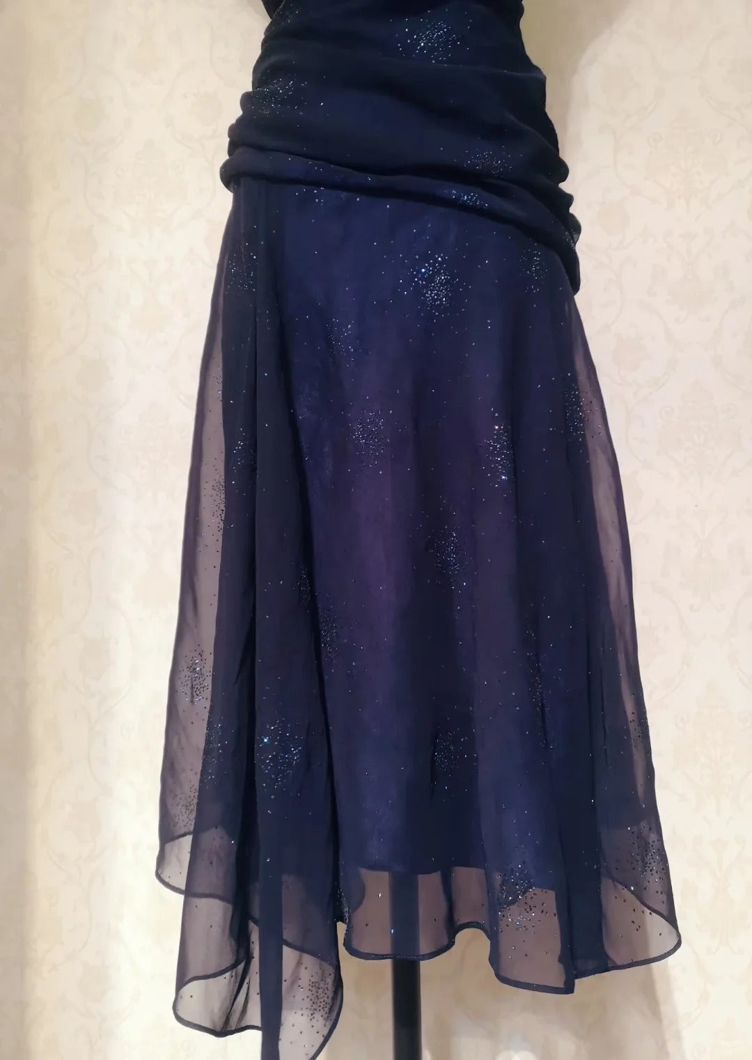 Vintage Prom Dresses 70s A line Square Neck Navy Blue With Ruffled Sleeveless Evening Formal Outfits RB4306