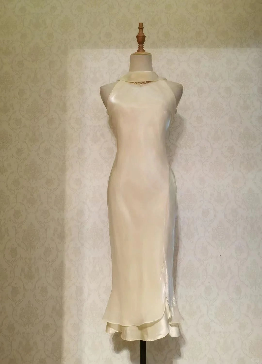 Robes de bal vintage des années 50 sirène col montant jaune clair avec volants sans manches longueur thé tenues de soirée formelles RB4281