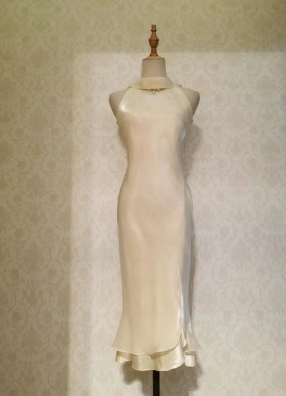 Robes de bal vintage des années 50 sirène col montant jaune clair avec volants sans manches longueur thé tenues de soirée formelles RB4281