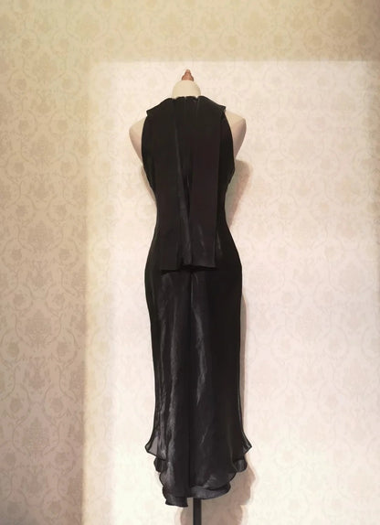 Vintage Prom Dresses 70s Sheath High Neck Black Tie Dress Tea Length Formal Outfits RB4311