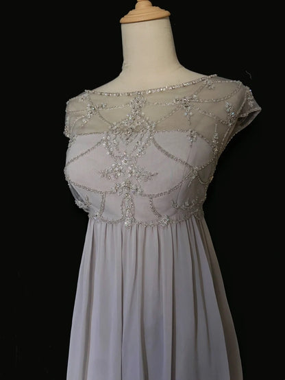 Inspiration Robes de bal vintage, ligne A, col rond, mousseline argentée, longues années 80, avec perles, robes de soirée N3394