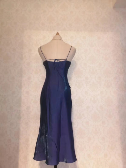 Vintage-Abschlussballkleider 70er Jahre Meerjungfrau Spaghettiträger Marineblau Teelänge Festliche Outfits RB4287