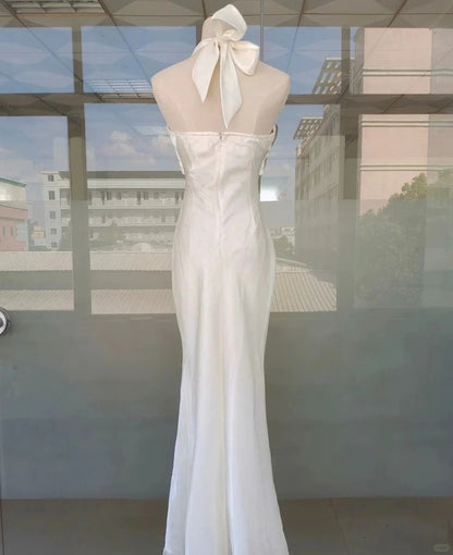 Vintage Prom Dresses 70s Mermaid Halter White With Ruffled Sleeveless Evening Formal Outfits RB4310