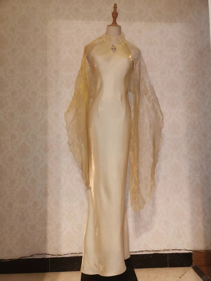 Vintage Mermaid High Neck Yellow Event Birthday Dress Sleeveless Evening Prom Formal Dresses RB3207