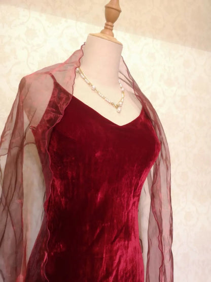 Vintage Prom Dresses 70s Mermaid Spaghetti Straps Burgundy Tea Length Formal Outfits With Cape RB4293