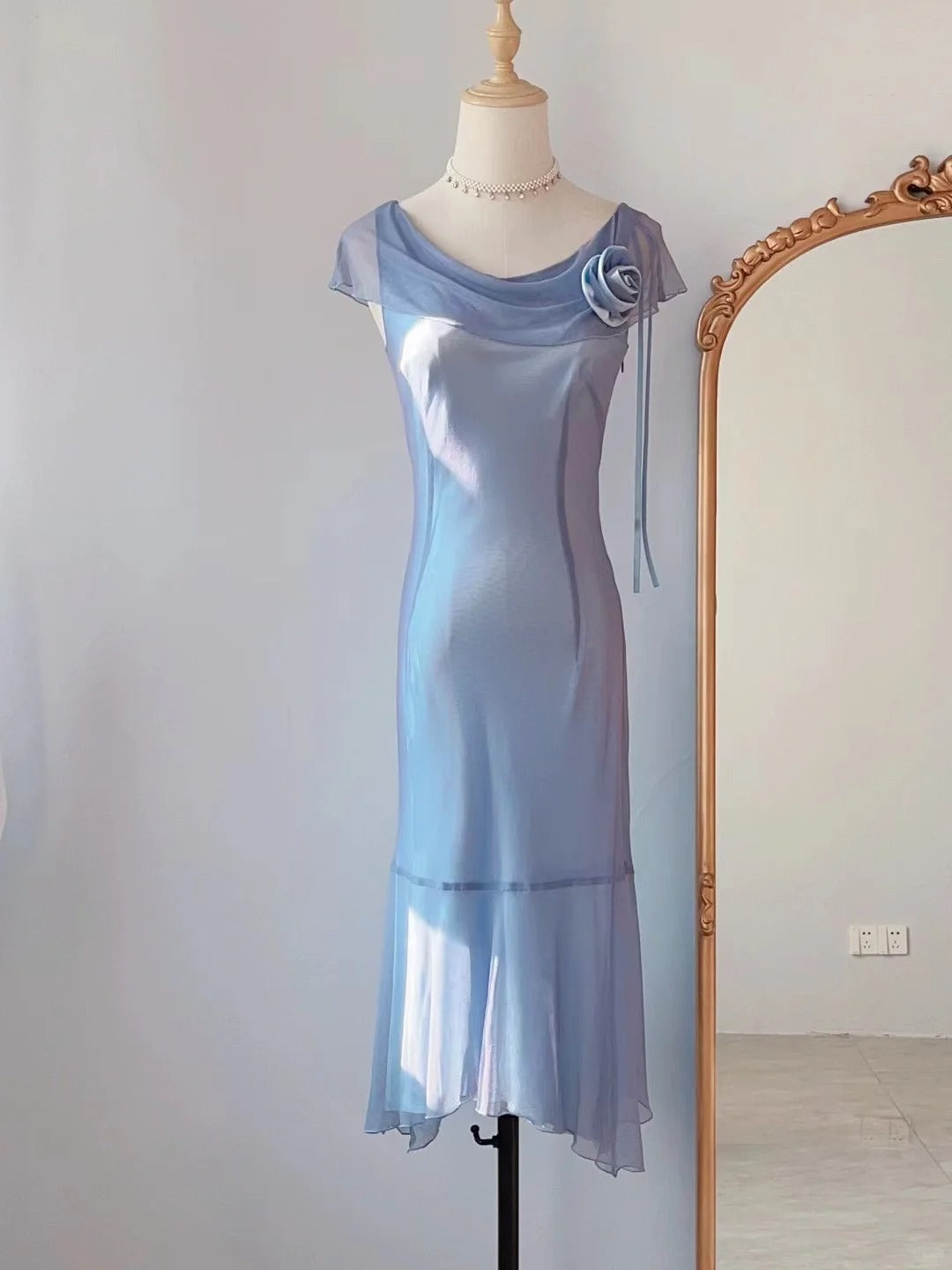 Vintage Etui-Kleid mit Wasserfallausschnitt, blau, teelang, Chiffon, Ballkleider, festliche Outfits RB3897