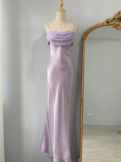 Vintage Sheath Spaghetti Straps Lilac Chiffon Long Prom Dresses Formal Outfits RB3891