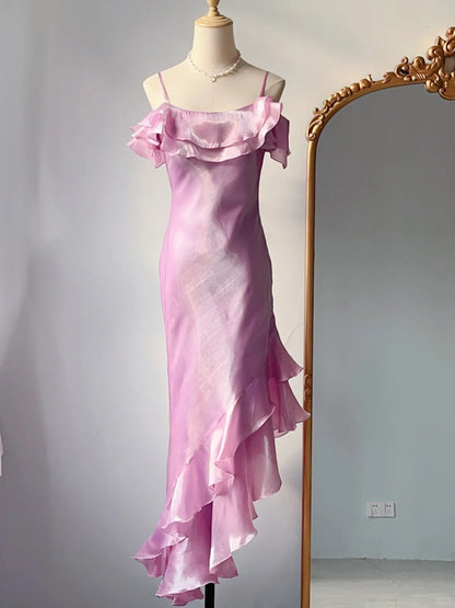 Vintage Prom Dresses Sheath Spaghetti Strap Pink 1970s Sleeveless Irregular Evening Formal Dress RB3253