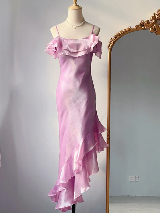 Vintage Abschlussballkleider Etui Spaghettiträger Rosa 70er Jahre Ärmellos Irreguläres Abendkleid RB3253