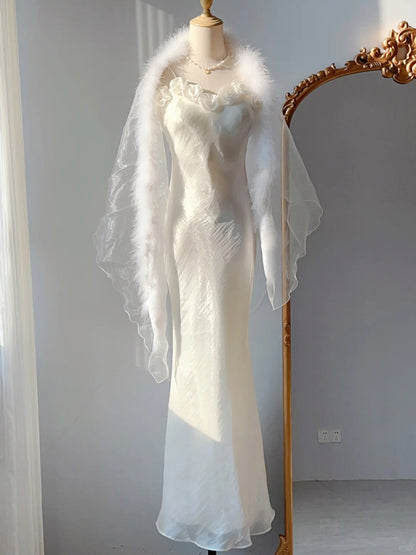 Vintage Prom Dresses 90s Mermaid Spaghetti Straps White With Flowers Sleeveless Floor Length Formal Outfits RB4256