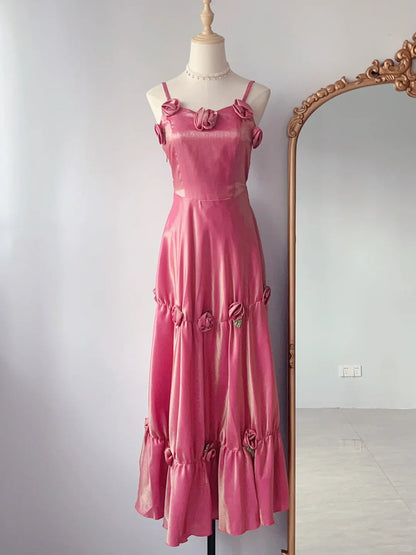 Modest A Line Spaghetti Strap Pink Floor Length Spring Summer Event Outfits Wedding Guest Dresses RB3231