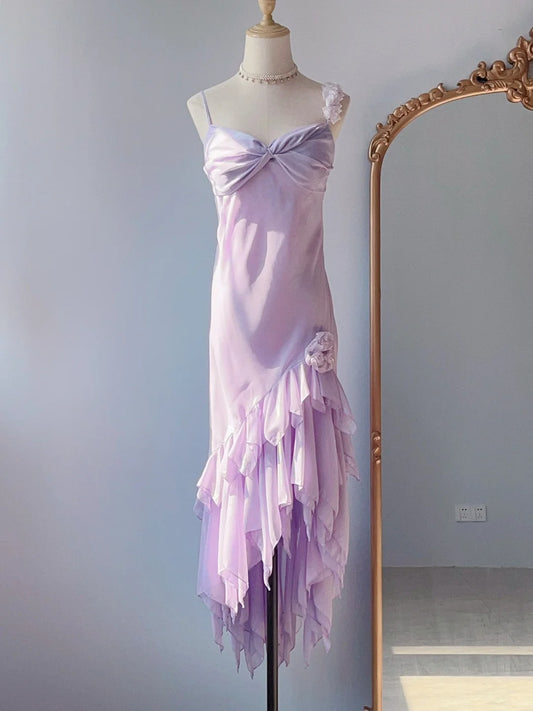 Vintage Ballkleider Etui Spaghetti-Träger Lila Chiffon 80er Jahre Ärmelloses Abendkleid RB3230