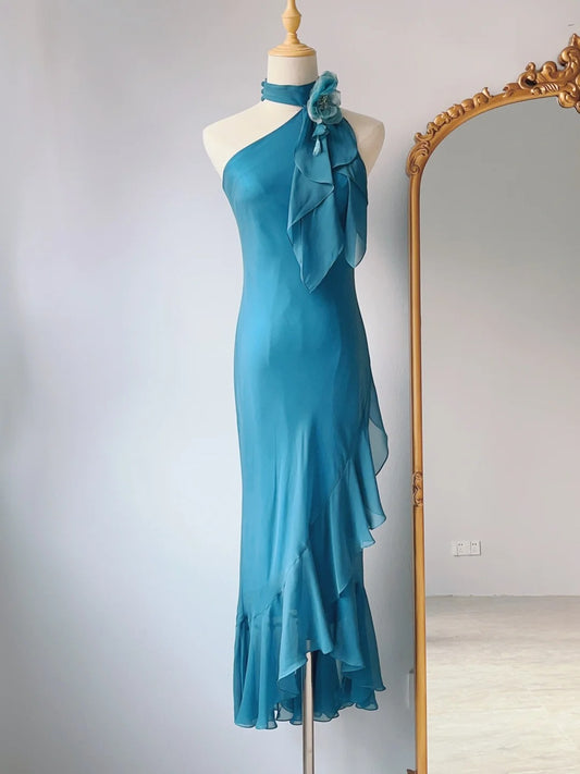 Vintage Abschlussballkleider Etui Ein Schulter Chiffon 80er Ärmellos Abendkleid Festliches Kleid RB3229