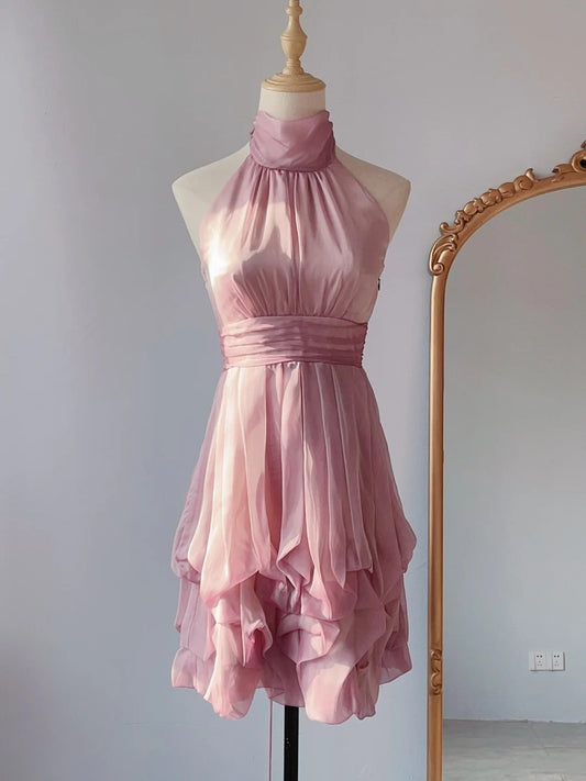 Cute A Line High Neck Pink Knee Length Senior Inspo Birthday 18th Party Outfits Homecoming Dresses RB3218