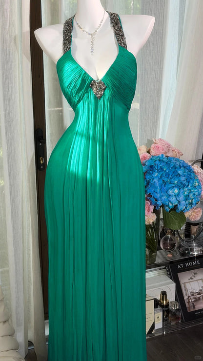 Élégant Chiffon Bleu Col Halter Coupe Trapèze Avec Perles Paillettes Robes Longues de Bal Tenues Formelles RB3888