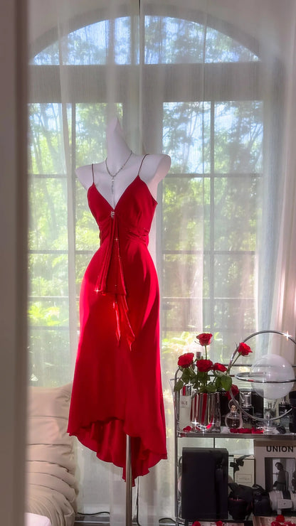 Charmantes Robes de bal Sirène Bretelles fines Chiffon rouge Tenues de soirée mi-longues N3580