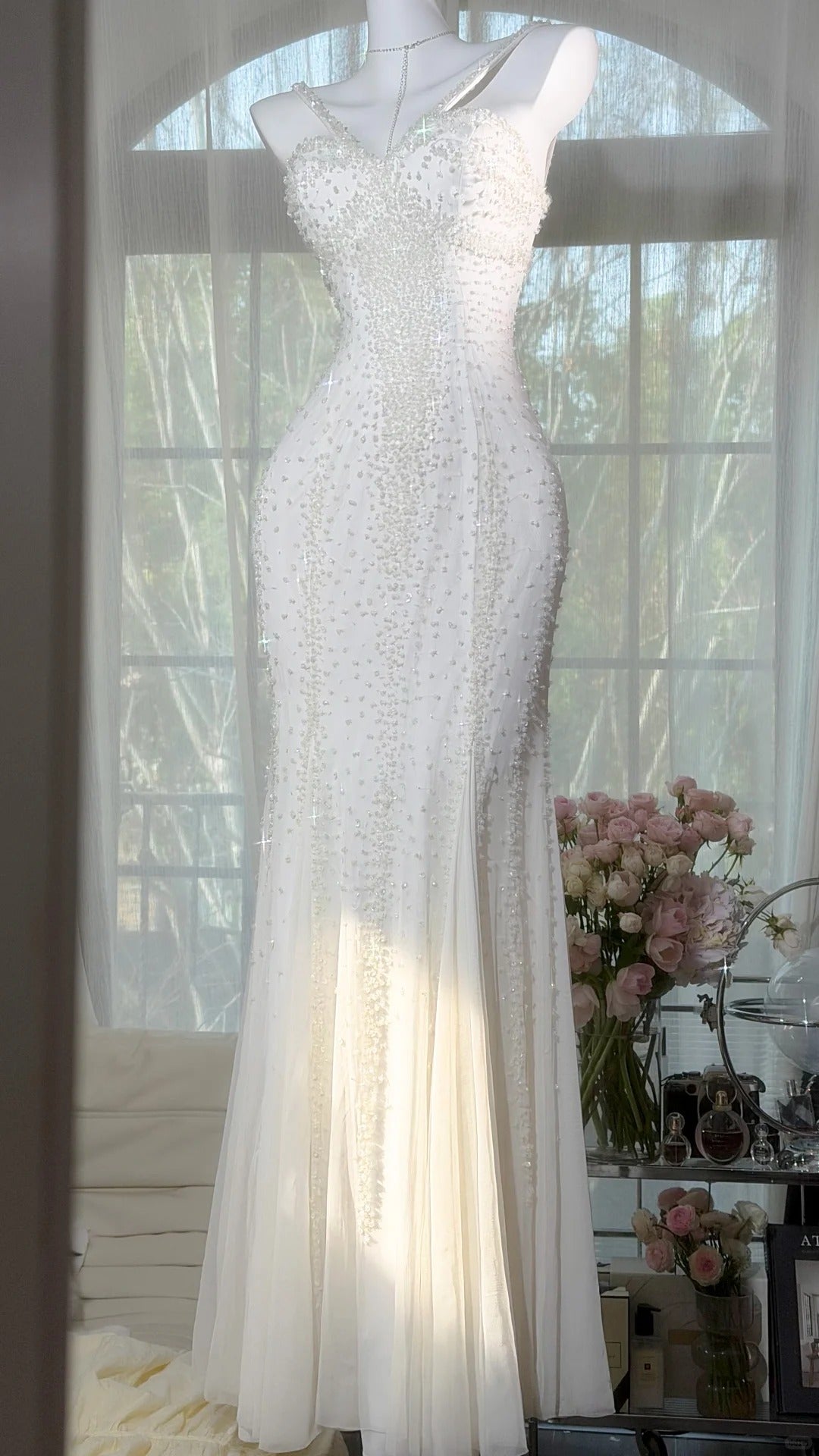 Robes de Bal Sirène Modestes Dos Nu en Mousseline Blanche avec Perles, Robes de Soirée Longues N3528