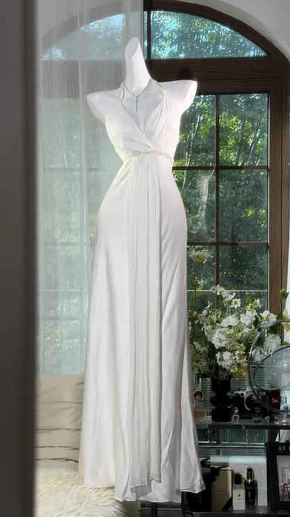 Flamboyant Mermaid Halter Chiffon White Long Date Night Evening Outfit Formal Prom Dresses RB5277