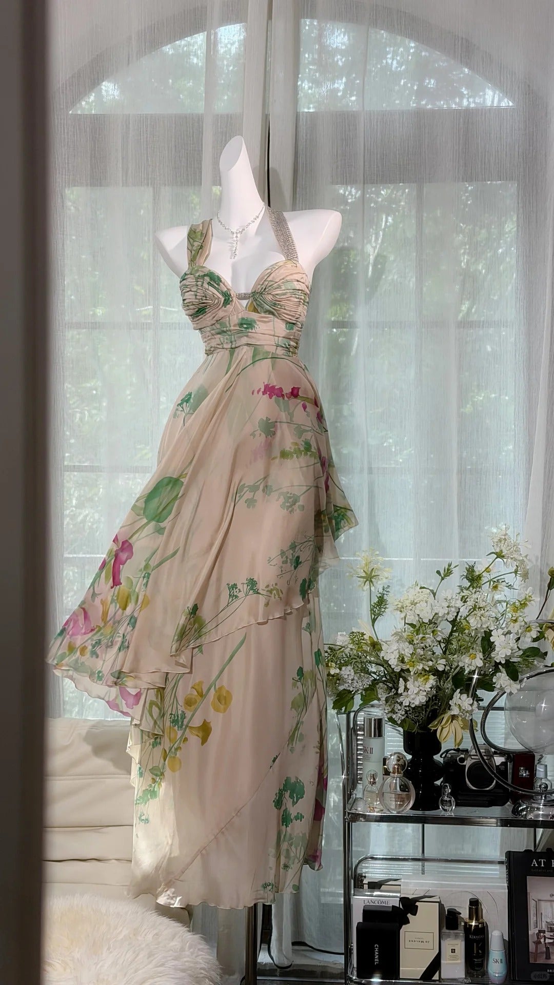 Classic A line Halter Champagne Chiffon Floor Length Prom Dresses Inspo Formal Outfits RB4510