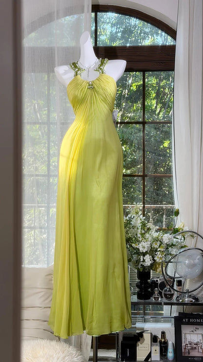 Robes de bal longues en mousseline jaune dos nu style sirène avec licou pour tenues de soirée Inspo RB4512