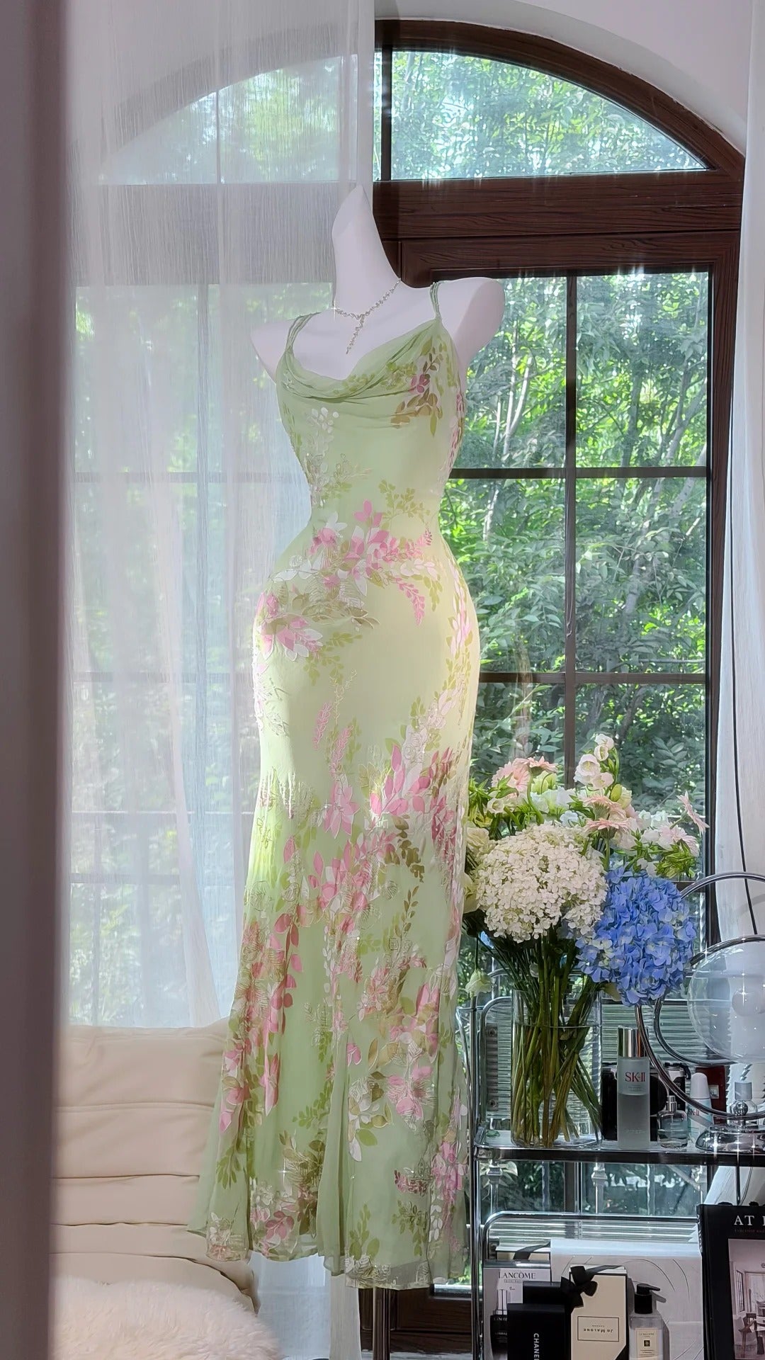 Vintage Mermaid Spaghetti Strap Mint Green Chiffon Floral Prom Dress Formal Outfits Party Dresses RB7562