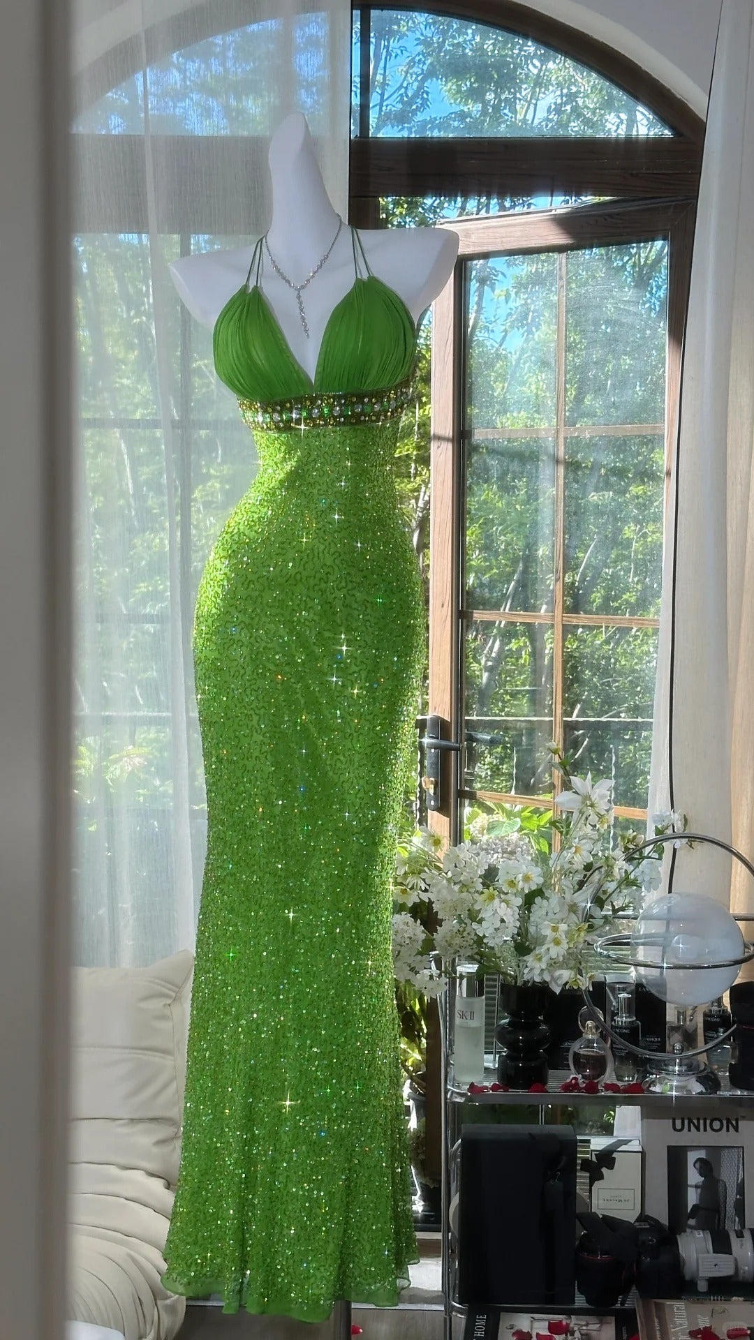 Robes de soirée modestes sirène licou vert sans manches sequin avec perles longues tenues de soirée N3567