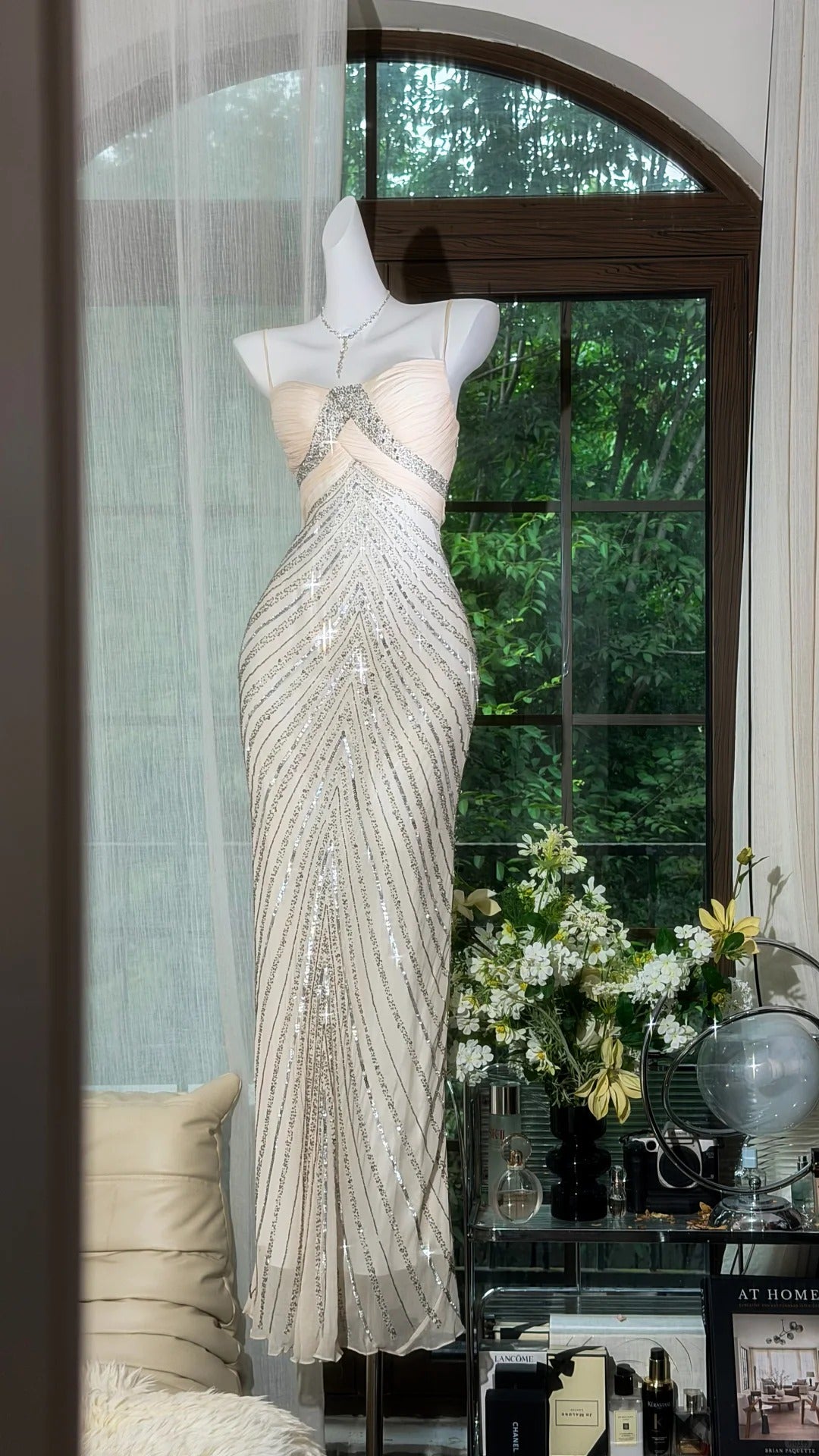 Sparkly Mermaid Spaghetti Strap White With Silver Beading Chiffon Floor Length Prom Dresses Inspo Formal Outfits RB4515