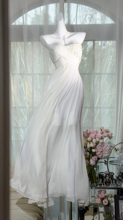Robes de bal modestes trapèze bustier en mousseline de soie blanche longue robes de soirée N3525