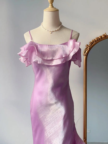 Vintage Prom Dresses Sheath Spaghetti Strap Pink 1970s Sleeveless Irregular Evening Formal Dress RB3253