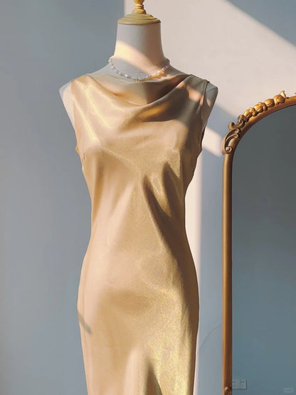 Vintage Abschlussballkleider 90er Meerjungfrau Wasserfallausschnitt Gold mit Rüschen Ärmellos Lange Abendgarderobe Formelle Outfits RB4253