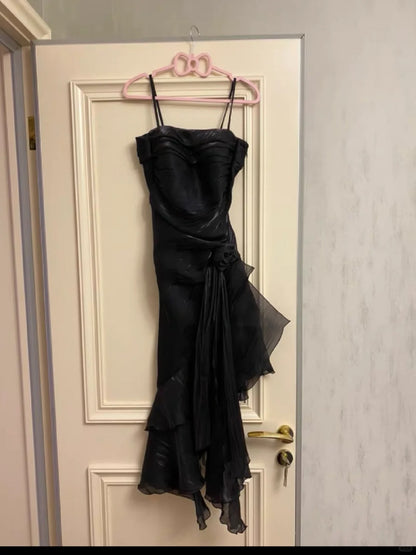 Robes de soirée modestes bleu marine à fines bretelles longueur thé, tenues d'événements printemps-été, robes d'invitées de mariage RB3214