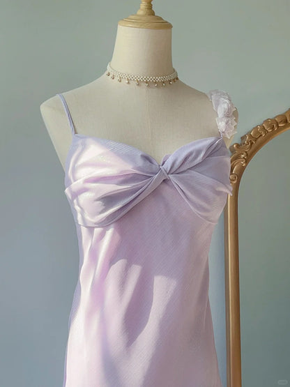 Robes de bal vintage des années 90 sirène, bretelles spaghetti, lilas avec volants, sans manches, longueur thé, tenues de soirée RB4264
