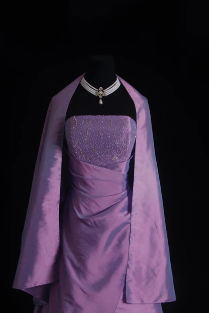 Vintage Ball Gown Strapless Purple With Beading Cape Floor Length Prom Dresses Inspo Evening Outfits RB4340