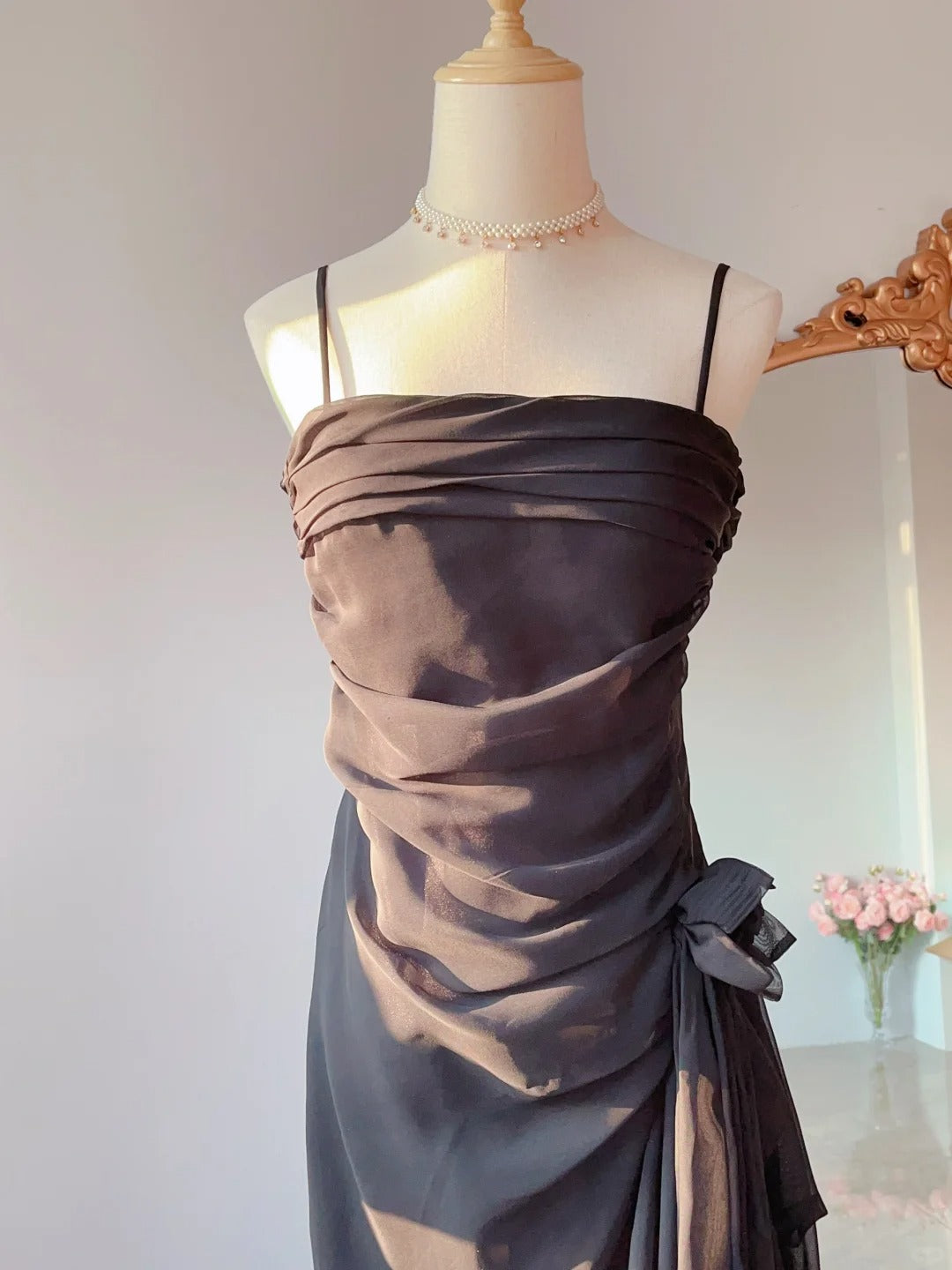 Modest Mermaid Spaghetti Strap Little Black Dress Tea Length Spring Summer Event Outfits Wedding Guest Dresses RB3233