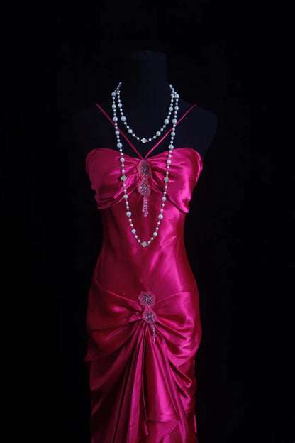 Robes de bal longues fuchsia roses licou asymétrique coupe basse style rétro Robes de soirée habillées RB3944
