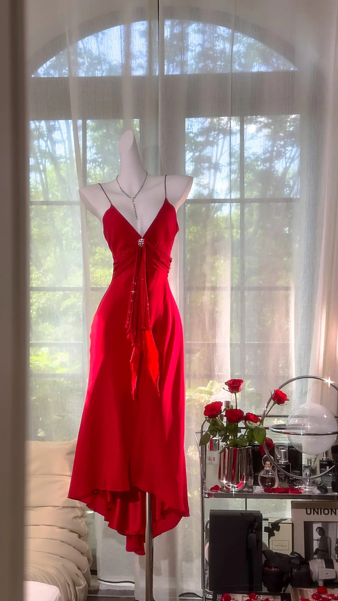 Charmantes Robes de bal Sirène Bretelles fines Chiffon rouge Tenues de soirée mi-longues N3580