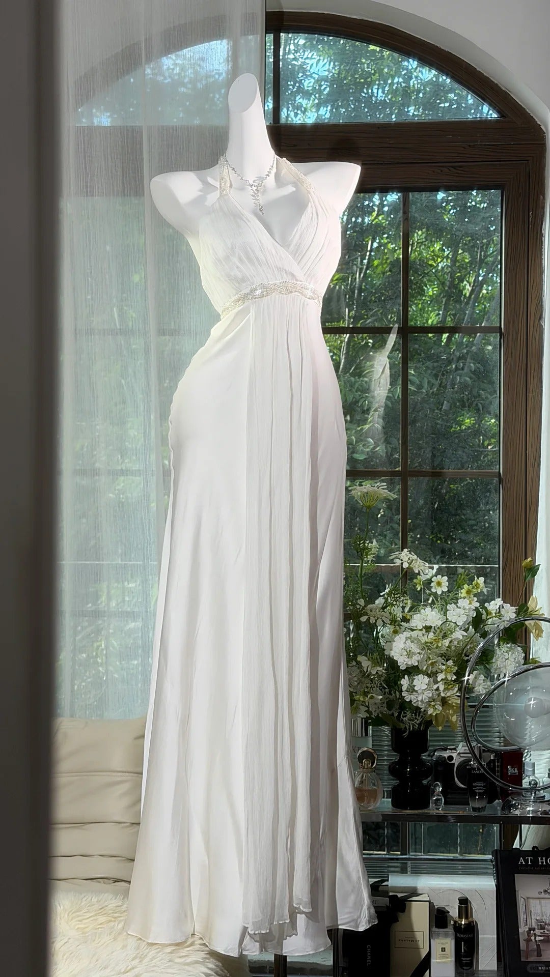 Vintage Mermaid Halter White Chiffon With Beading Long Prom Dress Formal Outfits Party Dresses RB7558