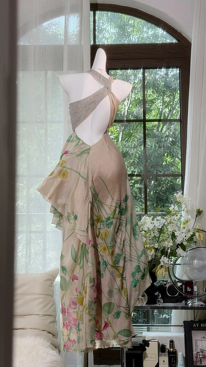 Classic A line Halter Champagne Chiffon Floor Length Prom Dresses Inspo Formal Outfits RB4510