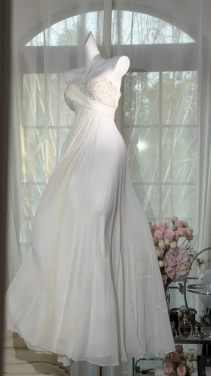 Robes de bal modestes trapèze bustier en mousseline de soie blanche longue robes de soirée N3525