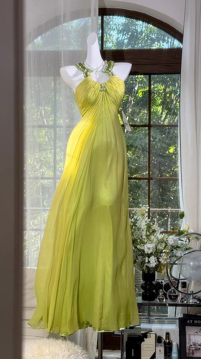 Robes de bal longues en mousseline jaune dos nu style sirène avec licou pour tenues de soirée Inspo RB4512