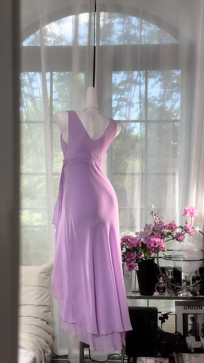 Charmantes robes de bal trapèze col en V en mousseline lilas longueur mi-mollet tenues de soirée N3583