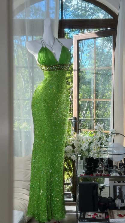 Robes de soirée modestes sirène licou vert sans manches sequin avec perles longues tenues de soirée N3567