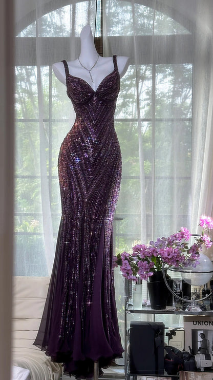 Bescheidene Ballkleider Meerjungfrau Sweetheart Lila mit Perlen Chiffon Ärmellose Abendgarderobe N3571