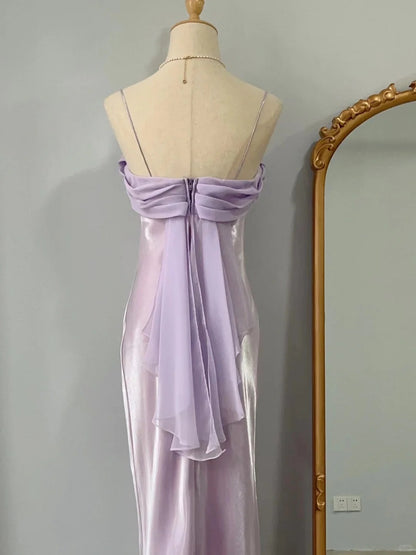 Vintage Sheath Spaghetti Straps Lilac Chiffon Long Prom Dresses Formal Outfits RB3891