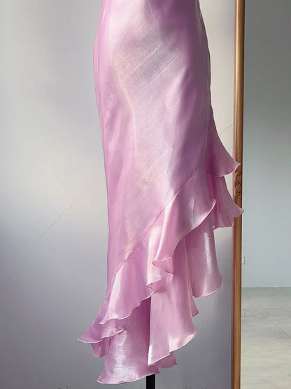 Vintage Prom Dresses Sheath Spaghetti Strap Pink 1970s Sleeveless Irregular Evening Formal Dress RB3253