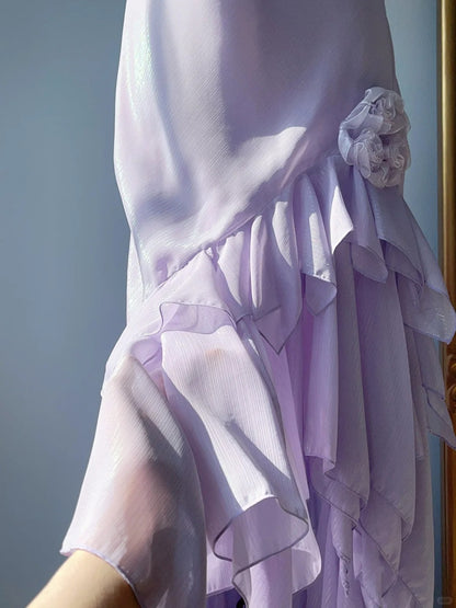Robes de bal vintage des années 90 sirène, bretelles spaghetti, lilas avec volants, sans manches, longueur thé, tenues de soirée RB4264