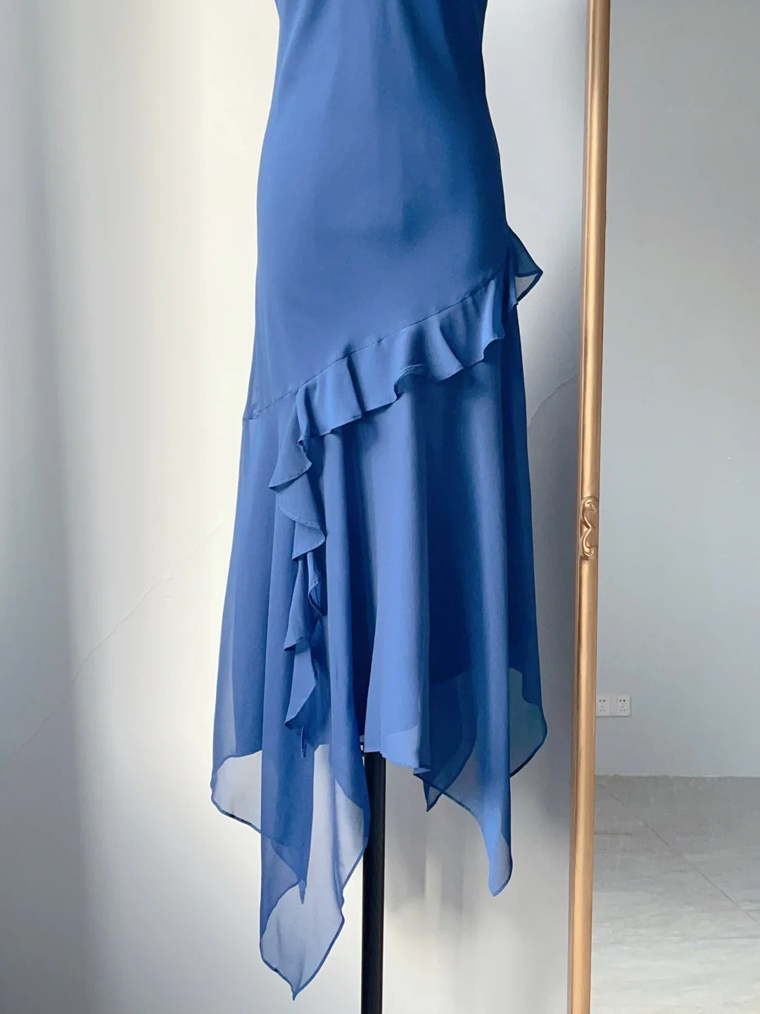 Vintage A line Spaghetti Strap Royal Blue Tea Length Chiffon Prom Dresses Formal Outfits RB3894