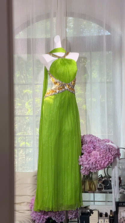 Sexy Mermaid Halter Green Backless Chiffon With Beading Prom Dress Formal Outfits Party Dresses RB7570