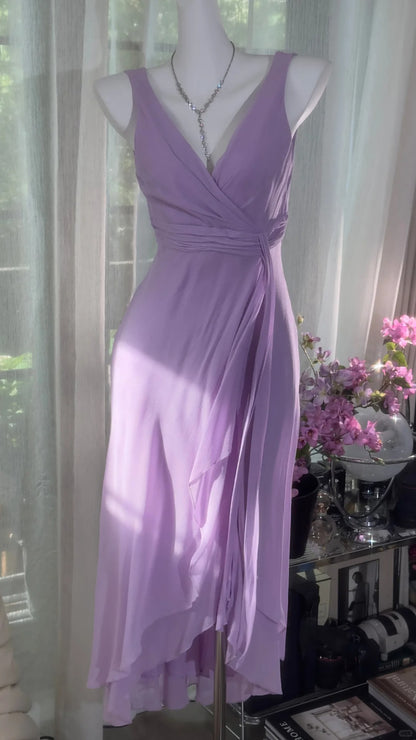 Charmantes robes de bal trapèze col en V en mousseline lilas longueur mi-mollet tenues de soirée N3583